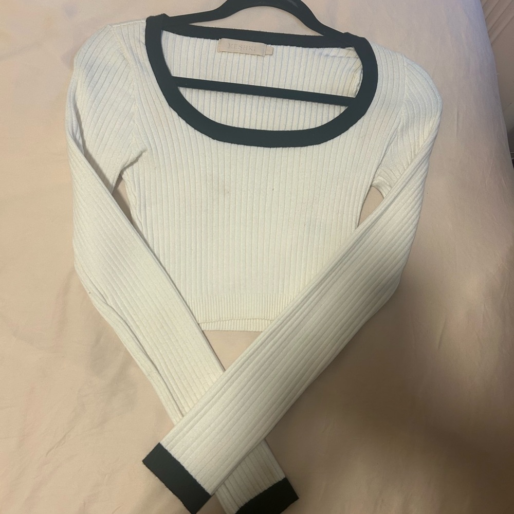 White Ribbed Long Sleeve Top with Black Trim